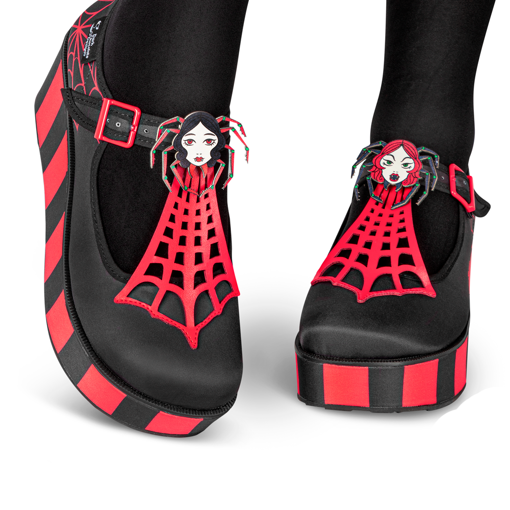 Hot Chocolate Design Spidora Platform shoes with spider face clips, stylish Mary Jane design for women.