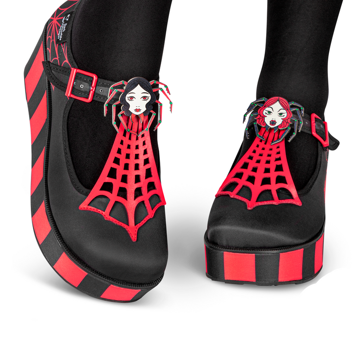 Hot Chocolate Design Spidora Platform shoes with spider face clips, stylish Mary Jane design for women.