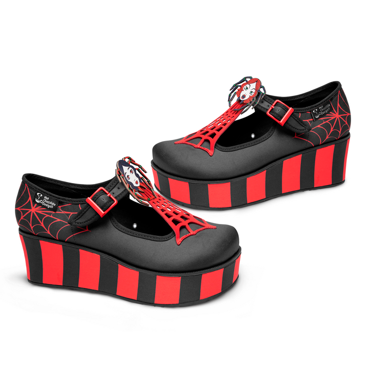 Hot Chocolate Design Spidora Platform shoes with spider clips, retro Mary Jane shoes for stylish spooky vibes.
