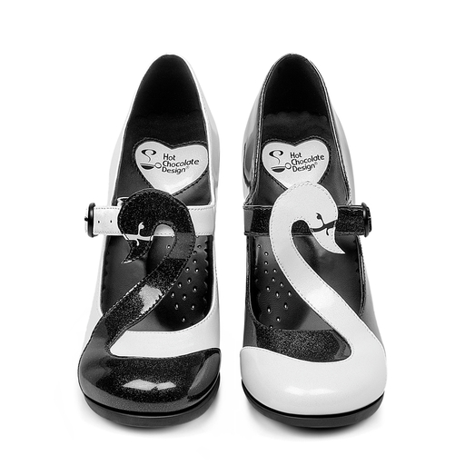 Hot Chocolate Design Black Swan High Heels with glitter patent finish and cute swan detail, perfect statement retro shoes.
