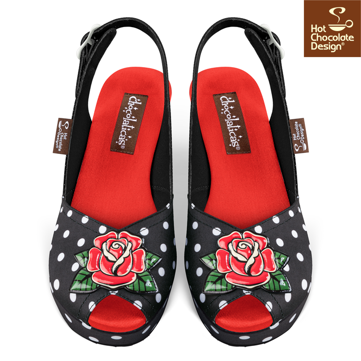 Hot Chocolate Design - Rockabilly Sandal featuring black polka dots and rose pattern on a stylish open-toe design.