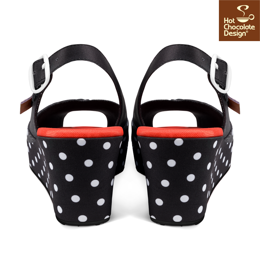 Back view of Hot Chocolate Design - Rockabilly Sandal featuring polka dot design and wedged heel.