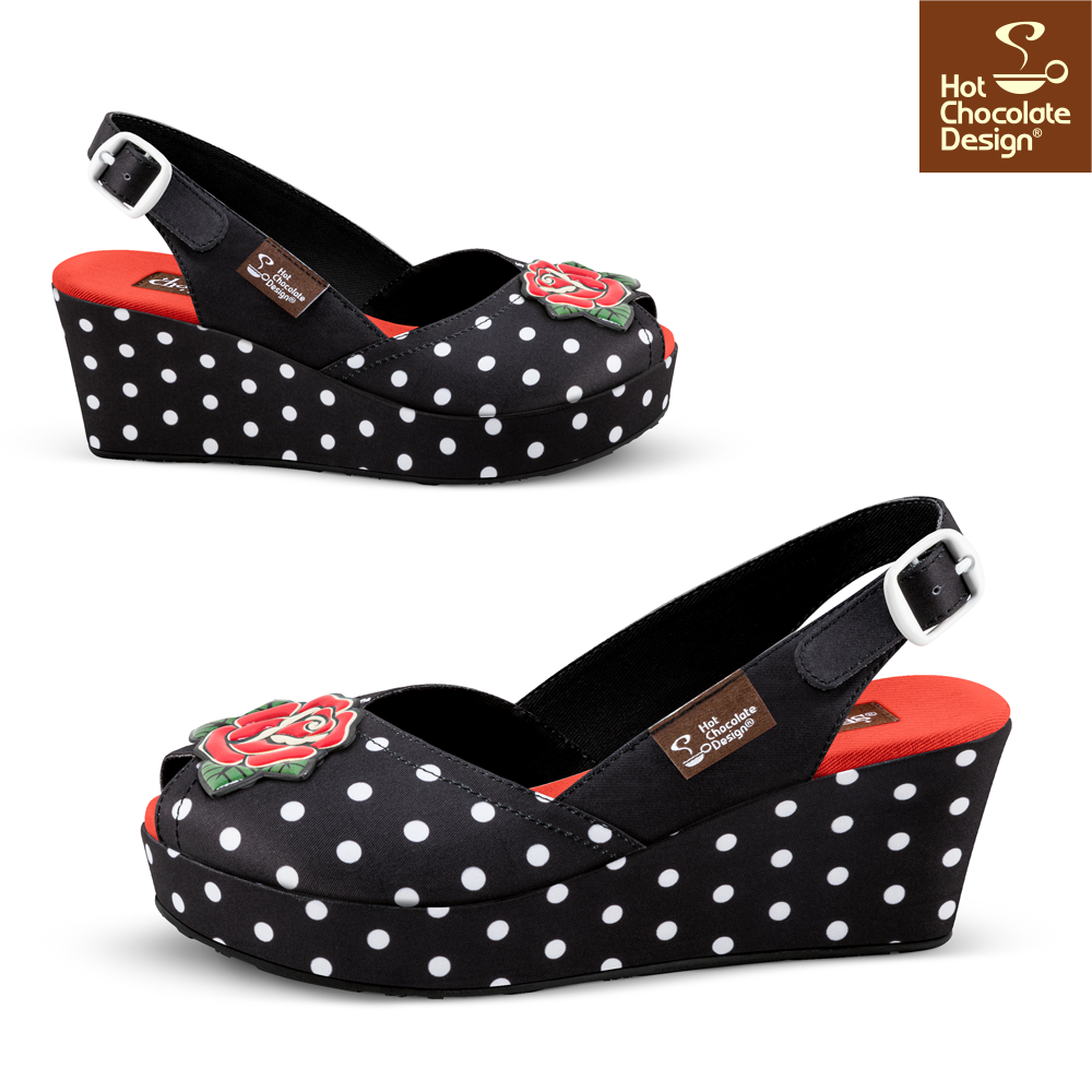 Hot Chocolate Design - Rockabilly Sandal with polka dots and rose embellishment on a wedge heel.