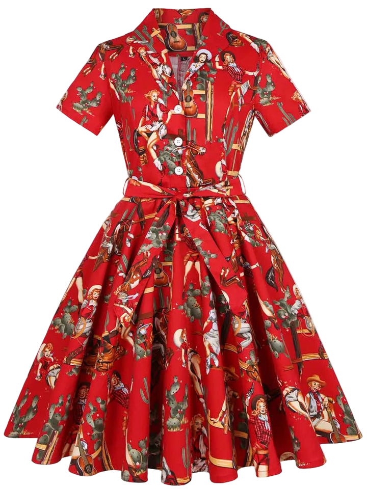 Red dress with vintage-style print on a white background,with cowgirl western print