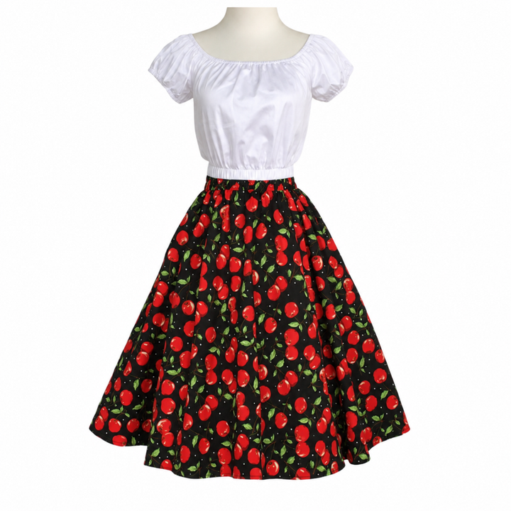 Red cherry high-waisted swing skirt with white retro blouse, front view