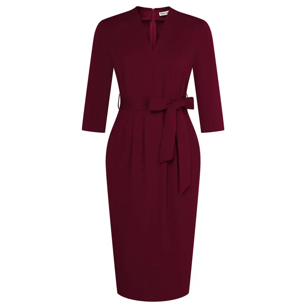 Yvonne 3/4 sleeve pencil dress in wine red with a V-neckline and removable belt, featuring pockets.