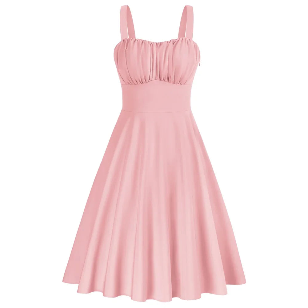 Vintage Ruched Summer A-Line Midi Dress