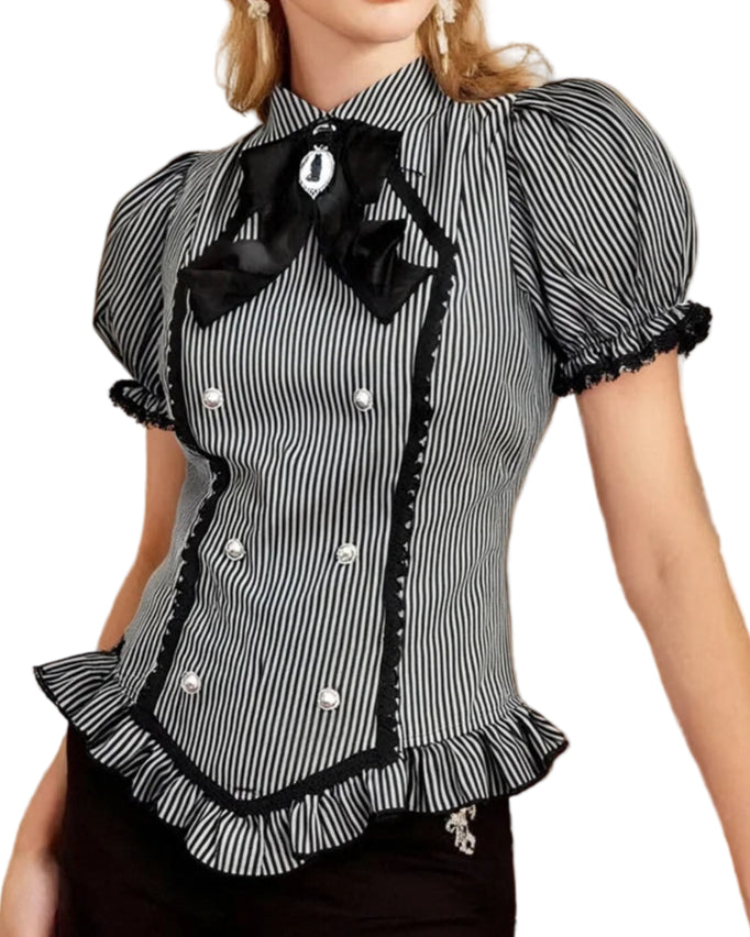 Striped Gothic Lace Trim Blouse