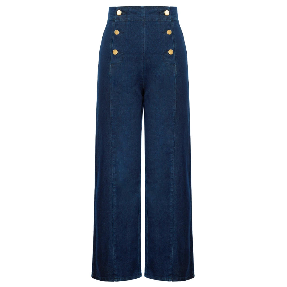 Vintage Wide-Leg Jeans – High Waist, Elastic Back, Button-Up Front