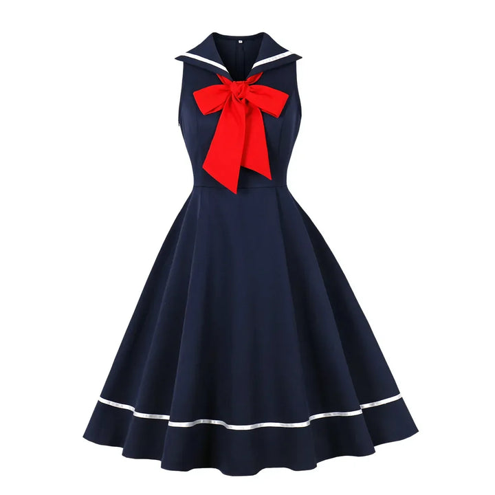 Robe évasée « Navy Sailor Bow » – Inspirée du style vintage (TP–XXL)