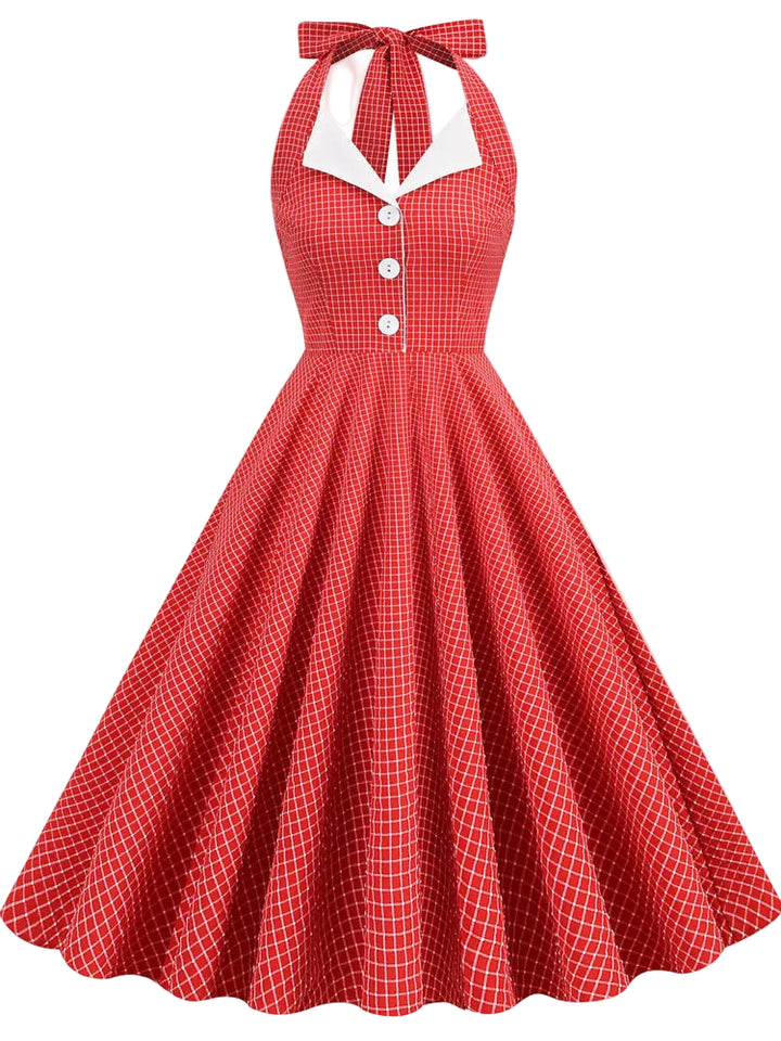 Red checkered dress with white buttons and collar on a white background, featuring the brand 'April Moda'.