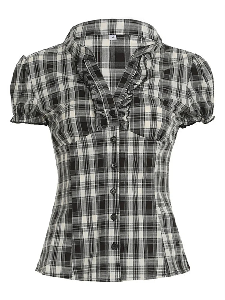 Western Plaid Ruffle Blouse