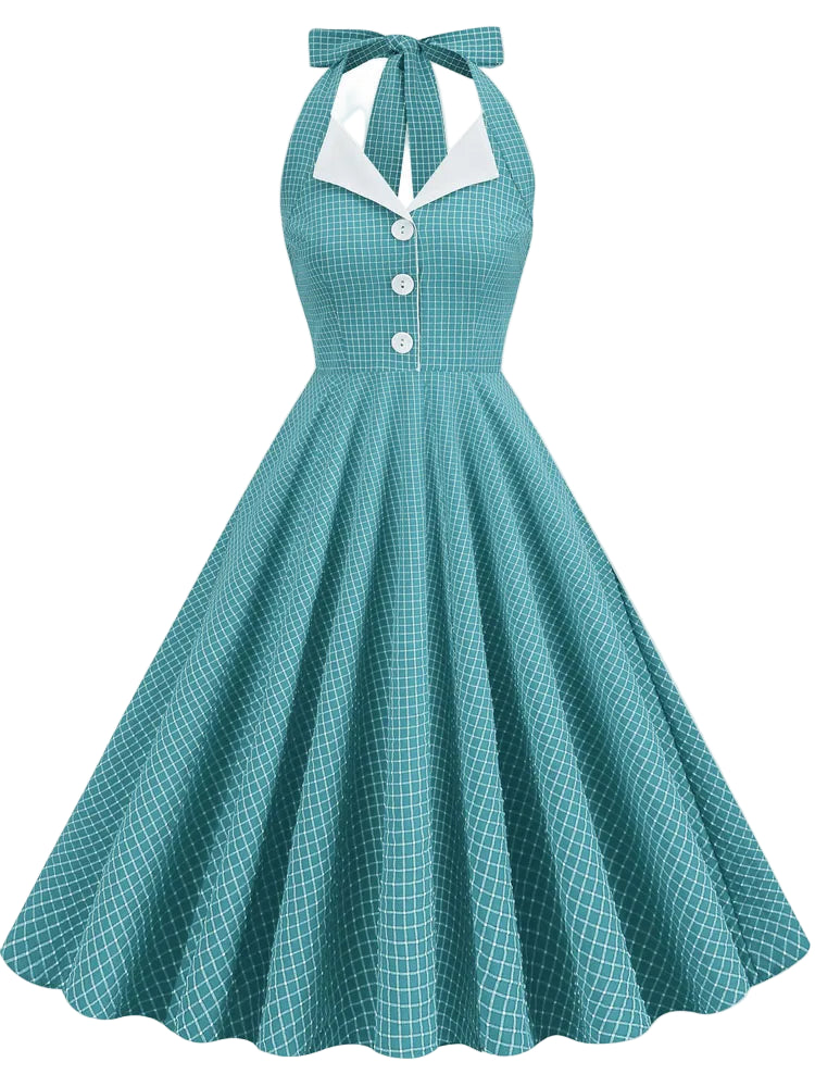 Vintage Teal Halter Swing Dress with Pockets