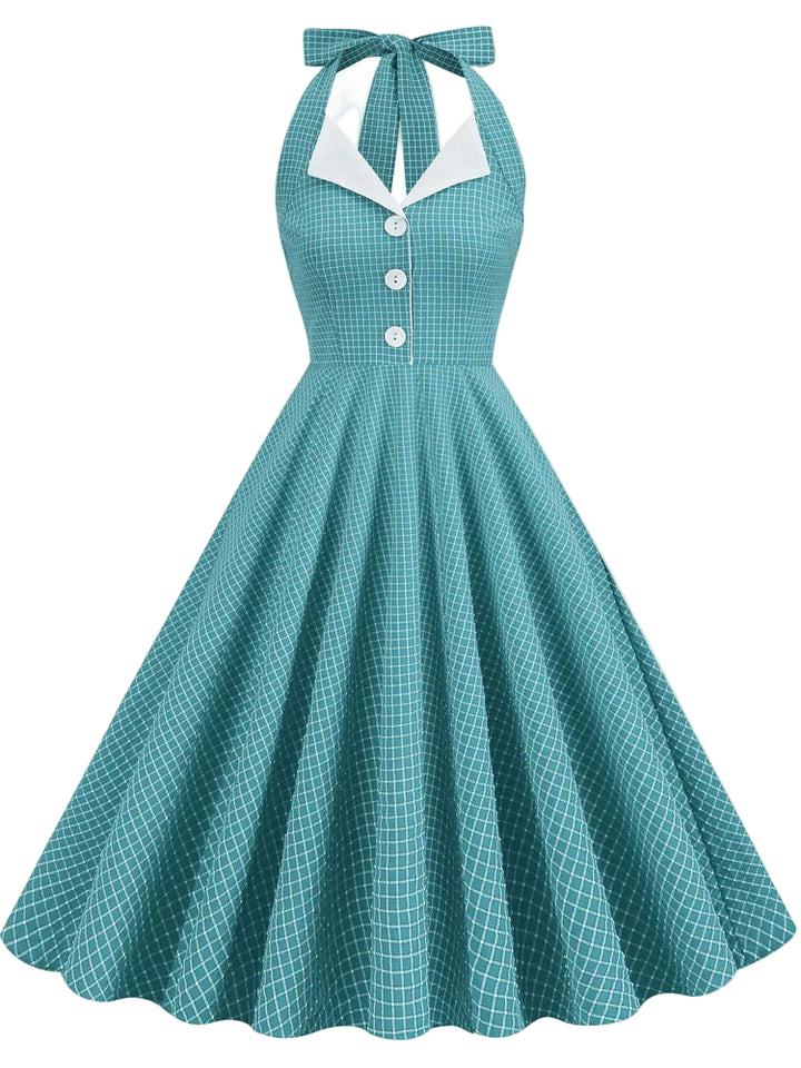 Vintage Teal Halter Swing Dress with Pockets