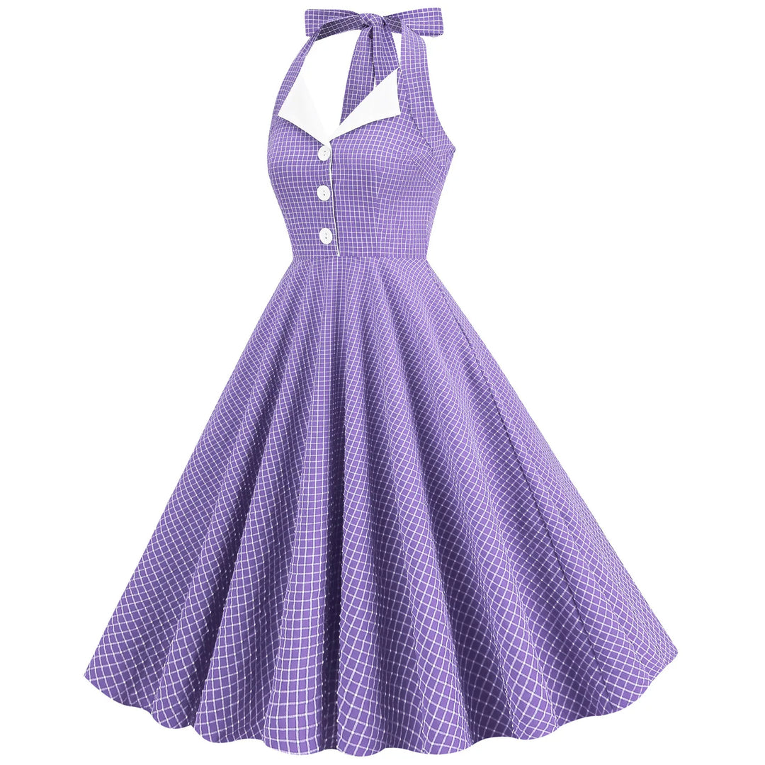 Vintage Lavender Halter Swing Dress with Pockets