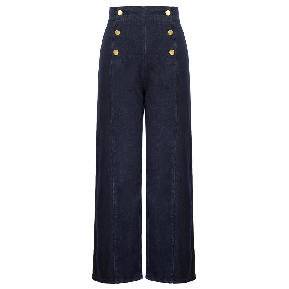 Vintage Wide-Leg Jeans – High Waist, Elastic Back, Button-Up Front