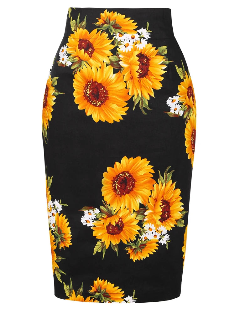Black pencil skirt with yellow sunflower pattern on a white background