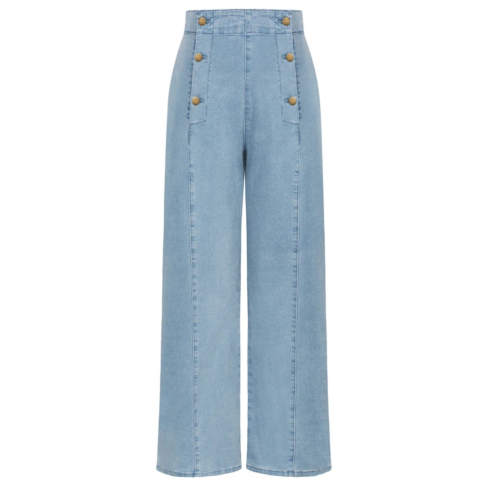 Vintage Wide-Leg Jeans – High Waist, Elastic Back, Button-Up Front