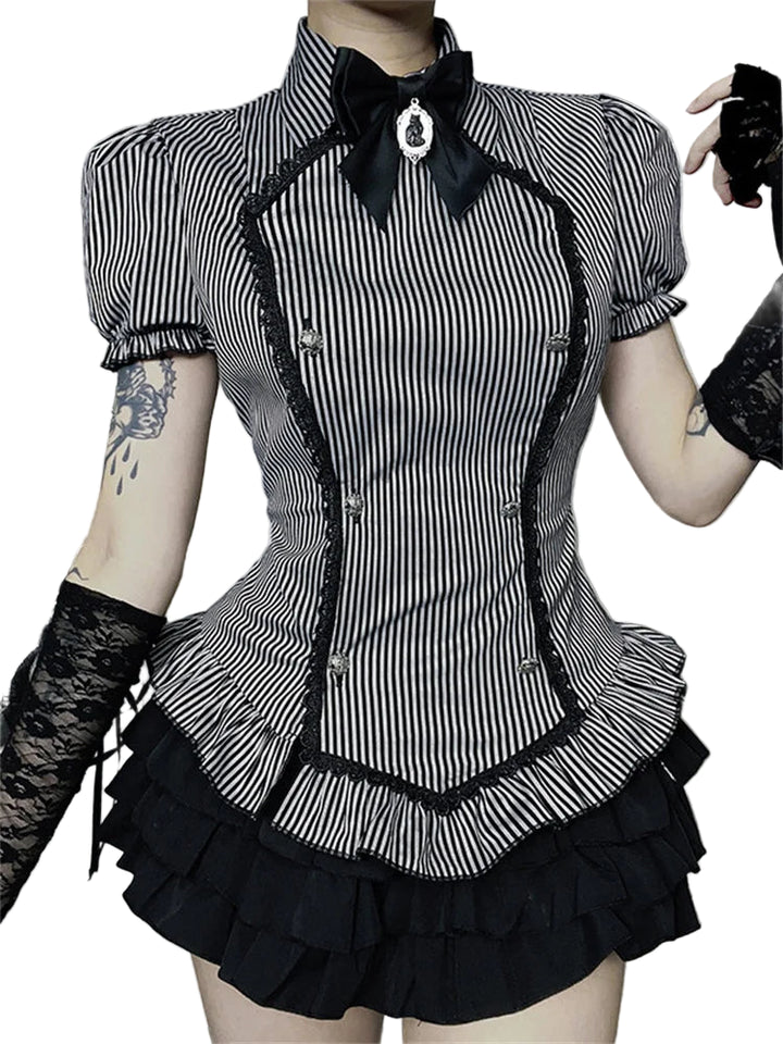 Striped Gothic Lace Trim Blouse