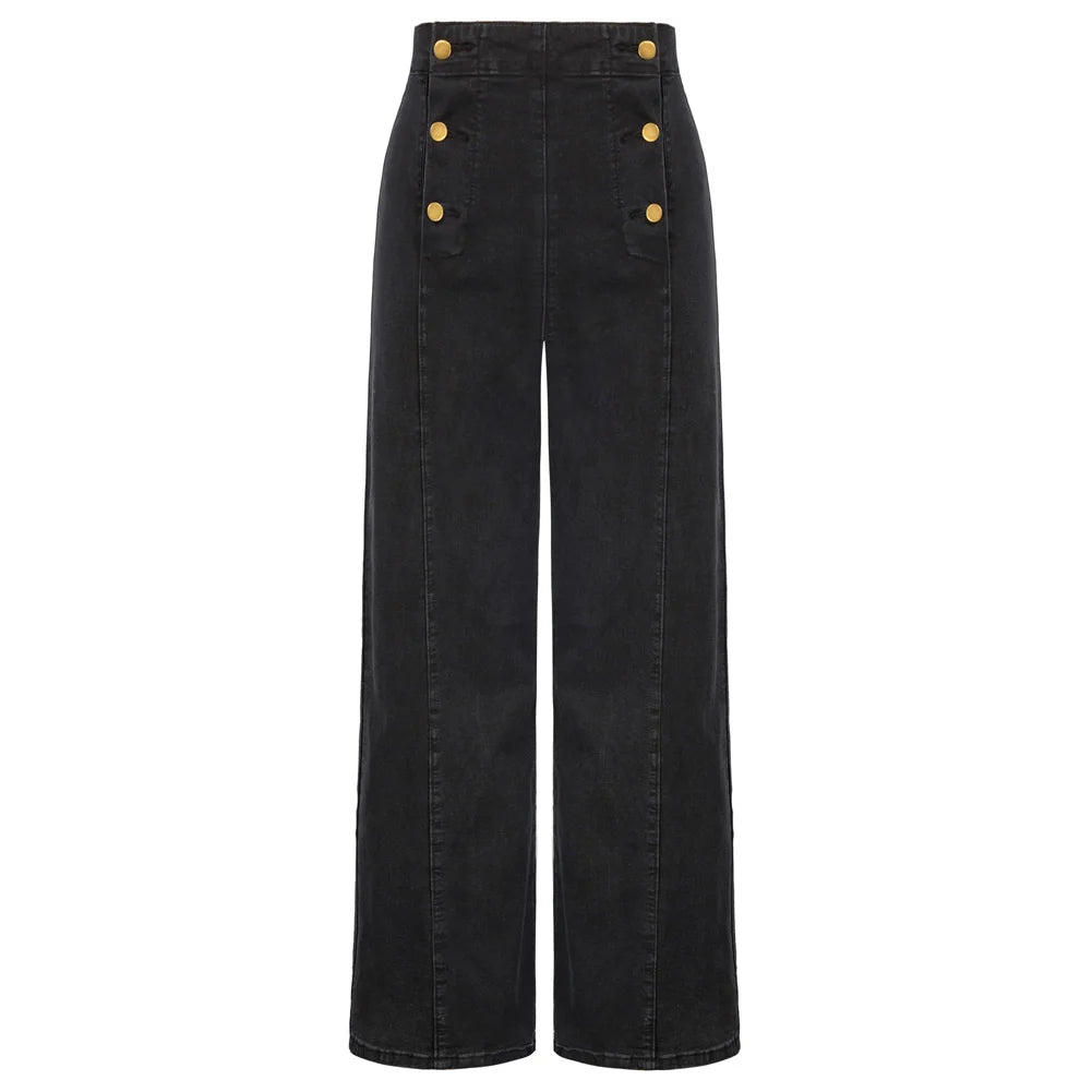 Vintage Wide-Leg Jeans – High Waist, Elastic Back, Button-Up Front