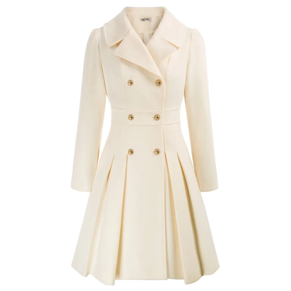 Grace Karin Women's Double Breasted Trench Coat in cream color with pleated skirt design.