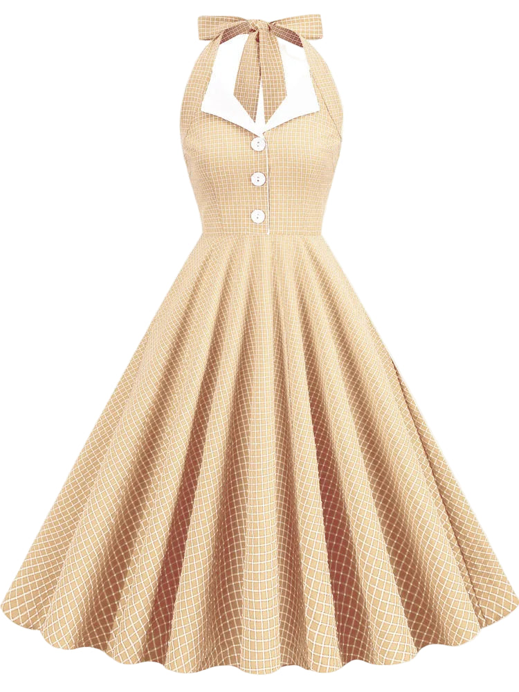Vintage Beige Halter Swing Dress with Pockets