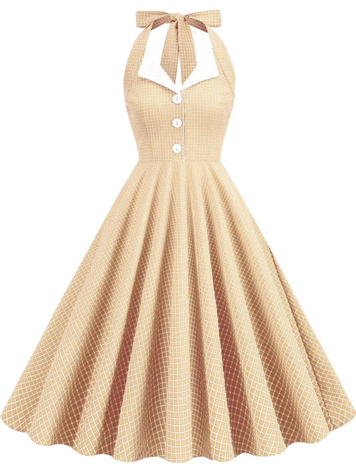 Vintage Beige Halter Swing Dress with Pockets