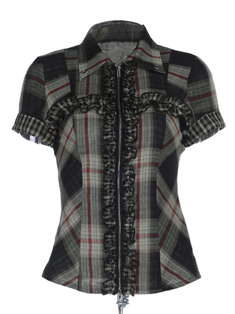 Gothic Plaid Ruffle Blouse
