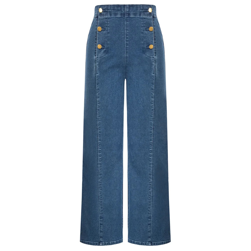 Vintage Wide-Leg Jeans – High Waist, Elastic Back, Button-Up Front