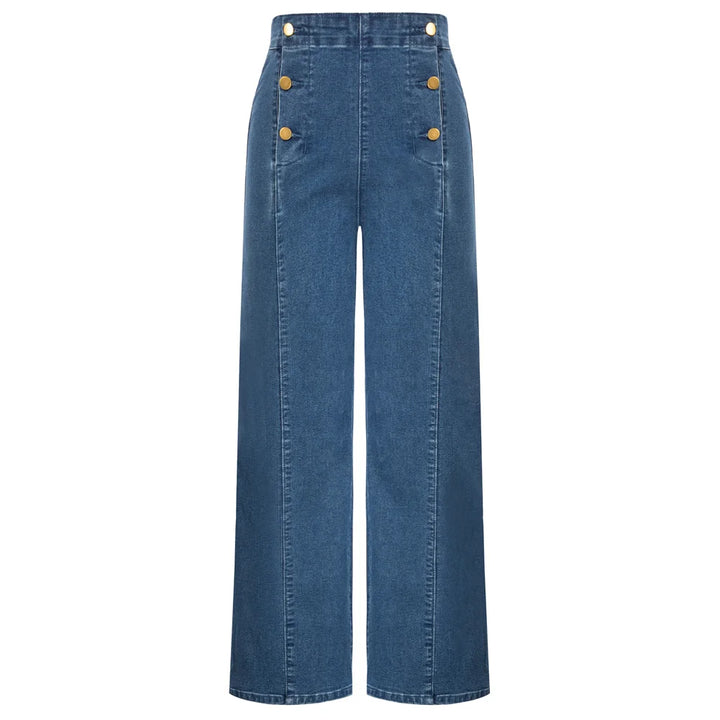 Vintage Wide-Leg Jeans – High Waist, Elastic Back, Button-Up Front