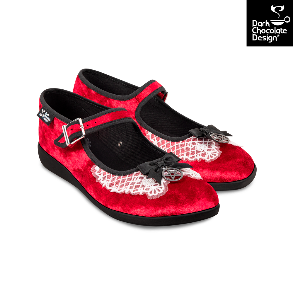 Red and black shoes with lace details on a white background, featuring Dark Chocolate Design logo.