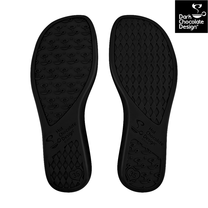 Black shoe insoles with textured surface on a white background, featuring Dark Chocolate Design logo.