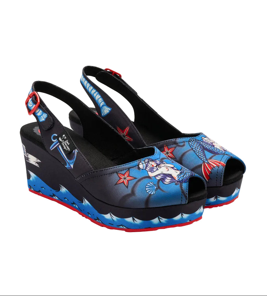 Black wedge sandals with blue and red mermaid design on a white background, featuring Dark Chocolate Design logo.