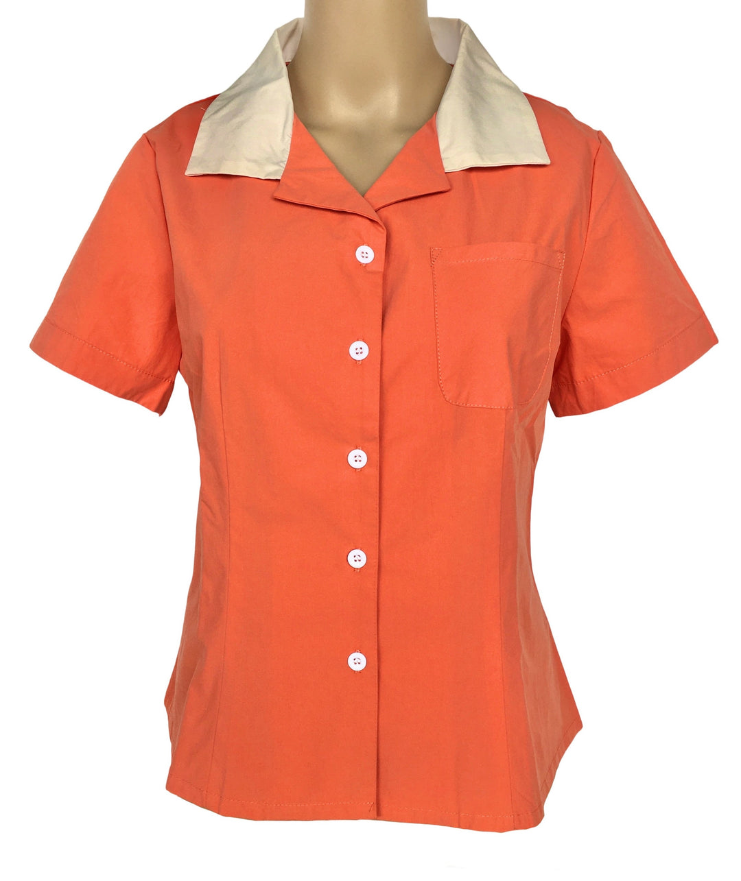 Close up of Peggy Sue Retro Contrast Collar Cotton Shirt showing ivory collar, buttons and chest pocket