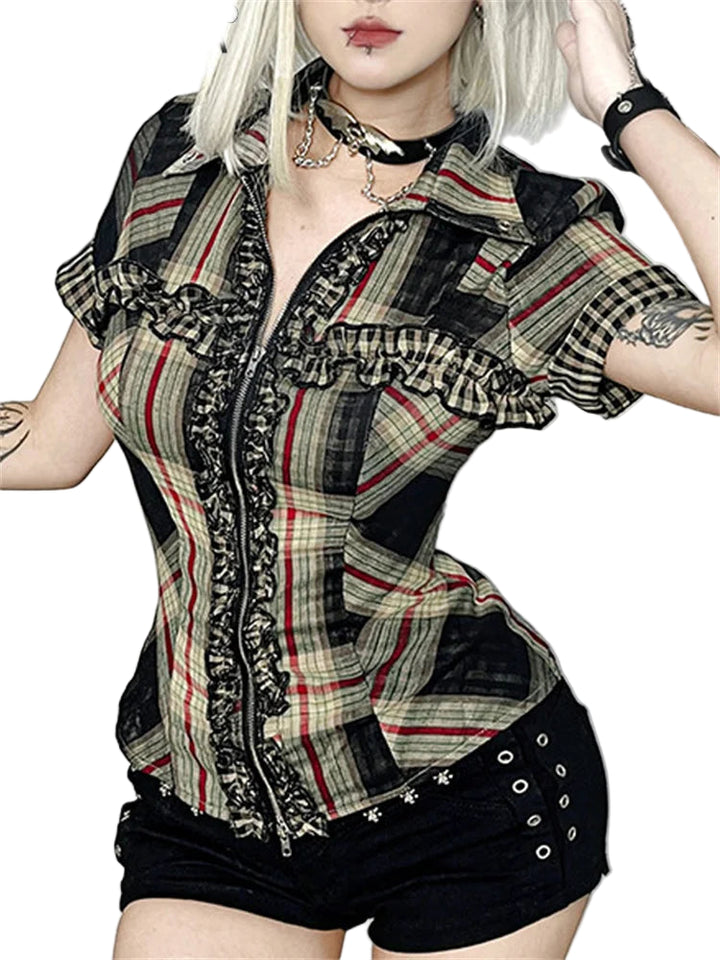 Gothic Plaid Ruffle Blouse