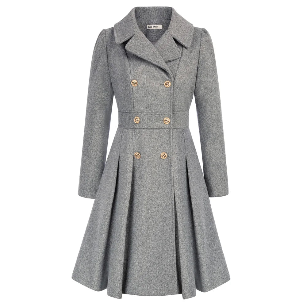 Grace Karin Women's Double Breasted Trench Coat in grey, perfect for autumn and winter layering, featuring classic tailoring.