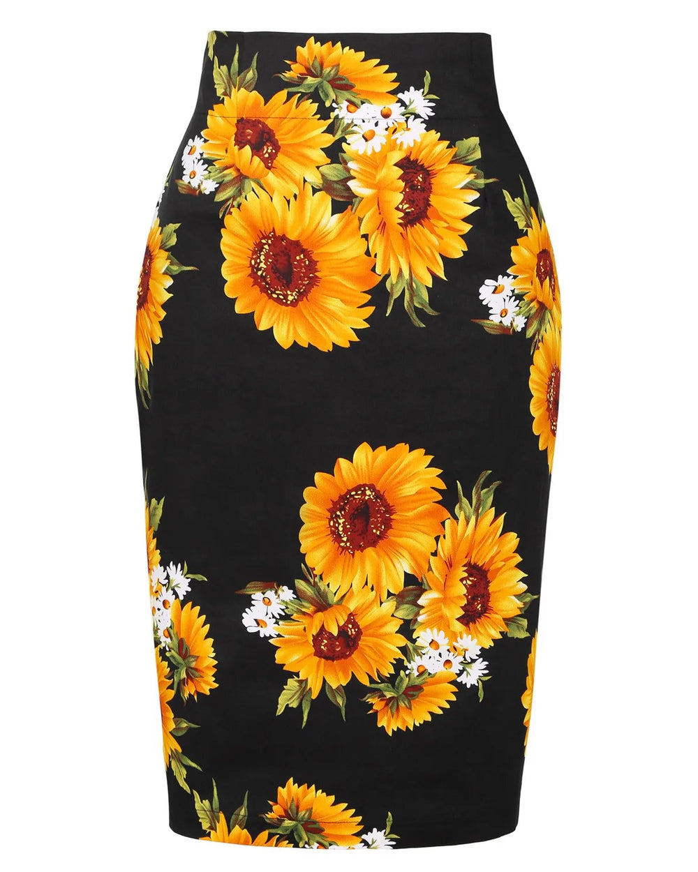 Black pencil skirt with sunflower pattern on a white background