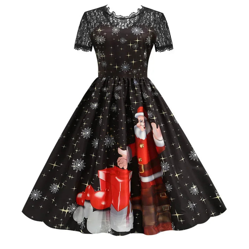 Women's Christmas Print Lace Dress
