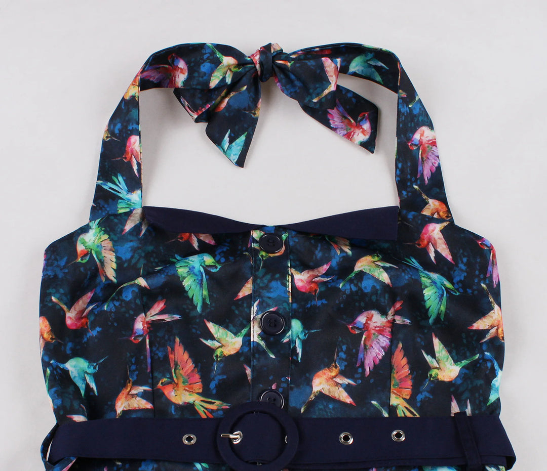 Hummingbird Print Sweetheart Halter A-Line Dress