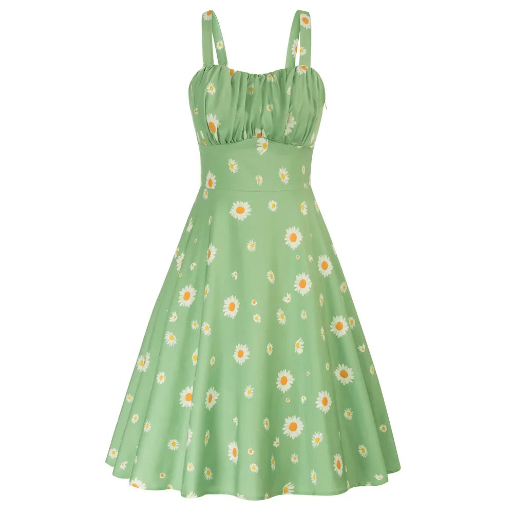 Vintage Ruched Summer A-Line Midi Dress