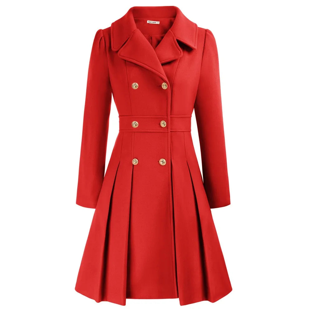 Grace Karin Women's double-breasted red trench coat with pleated skirt and gold buttons, perfect for autumn layering.