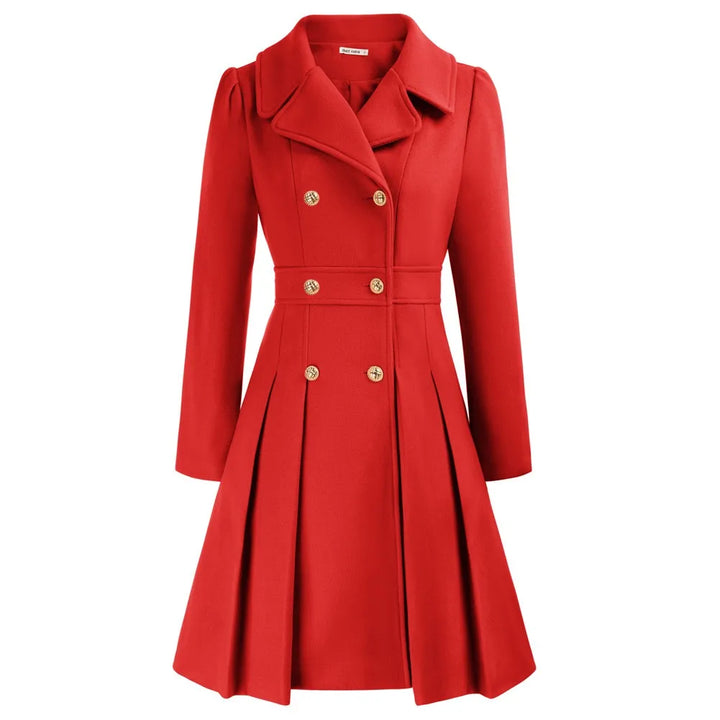 Grace Karin Women's double-breasted red trench coat with pleated skirt and gold buttons, perfect for autumn layering.