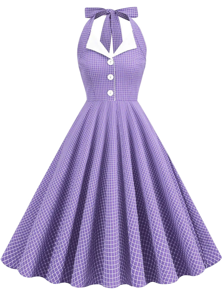 Vintage Lavender Halter Swing Dress with Pockets