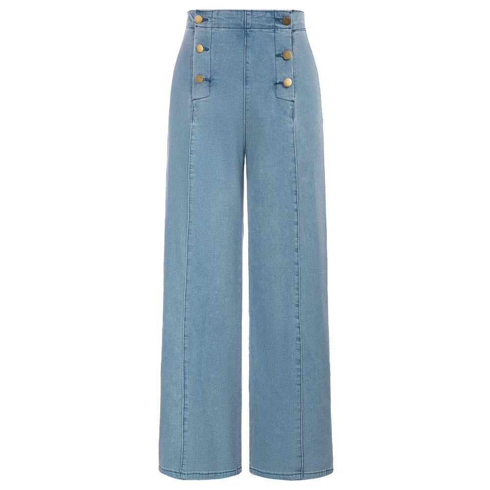 Vintage Wide-Leg Jeans – High Waist, Elastic Back, Button-Up Front