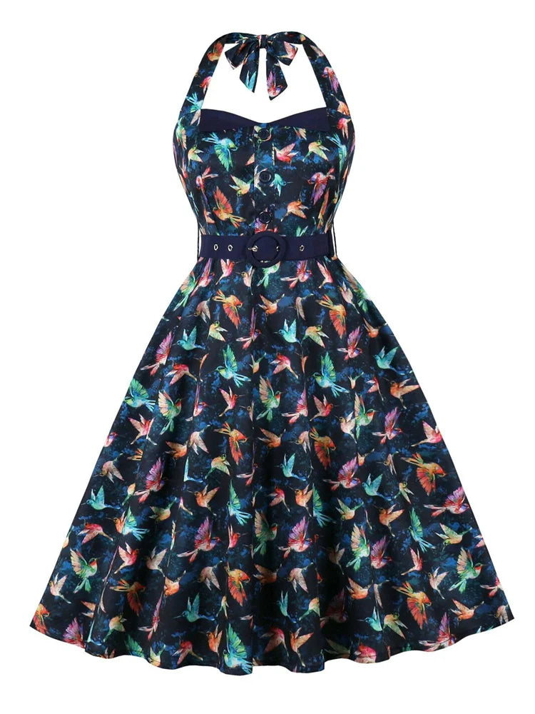 Hummingbird Print Sweetheart Halter A-Line Dress
