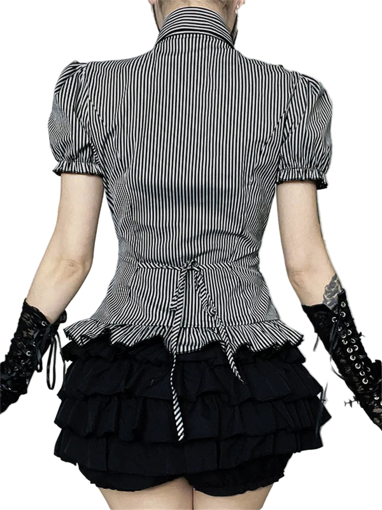 Striped Gothic Lace Trim Blouse