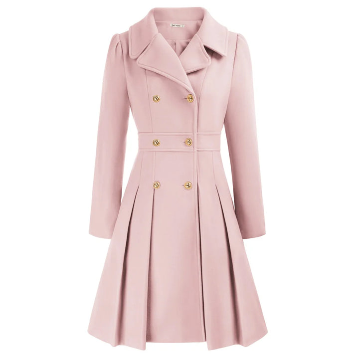 Grace Karin Women's Double Breasted Trench Coat in soft pink with gold buttons and pleated skirt.
