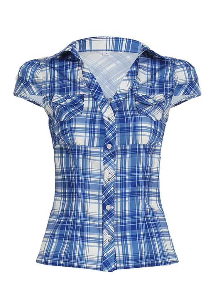 Western Blue Plaid Fitted Blouse