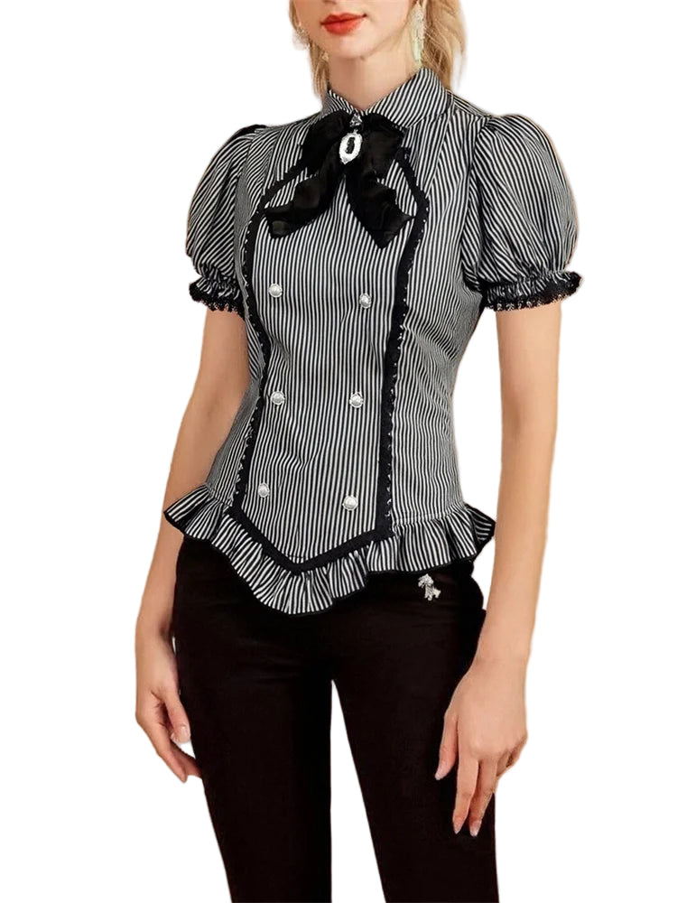 Striped Gothic Lace Trim Blouse