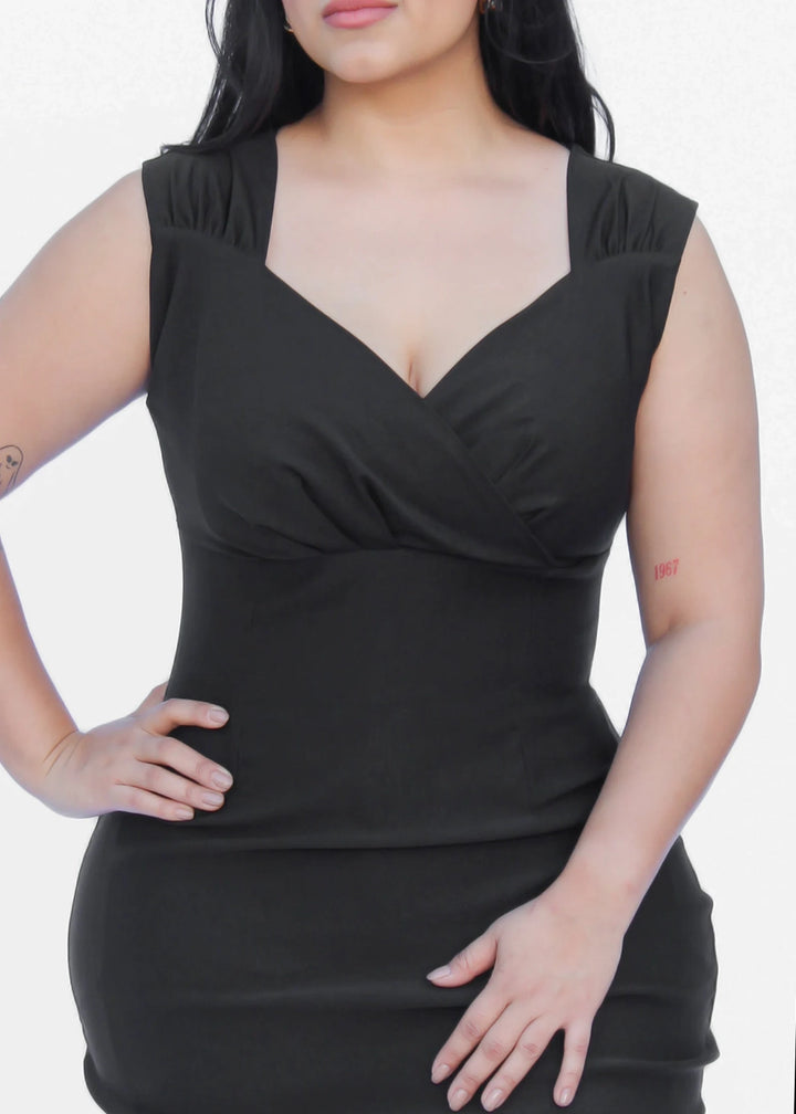 Sleeveless black fitted midi dress front view
